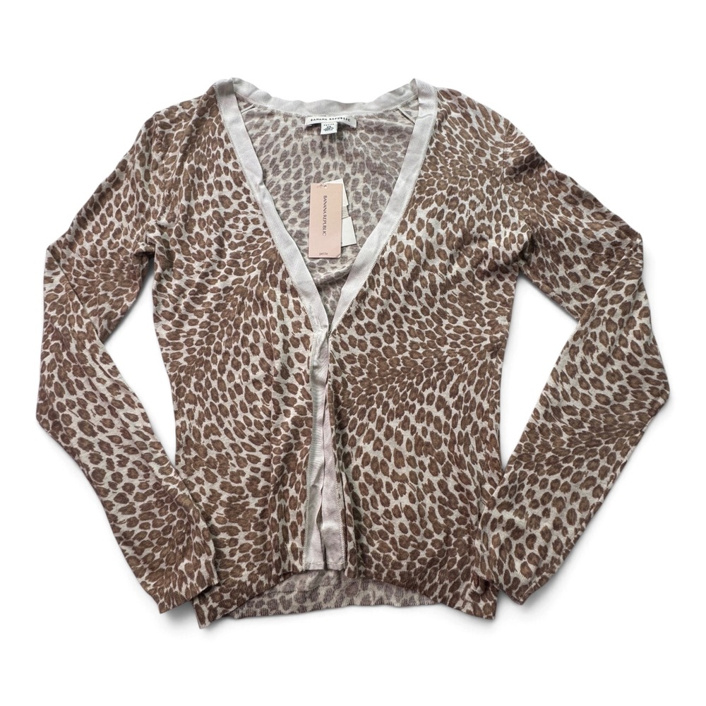 NWT Banana Republic Animal Print Cardigan V-Neck Cotton Petite XS Tan Brown